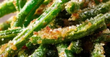 Crispy Garlic Parmesan Green Beans served in a dish, garnished with parmesan cheese.
