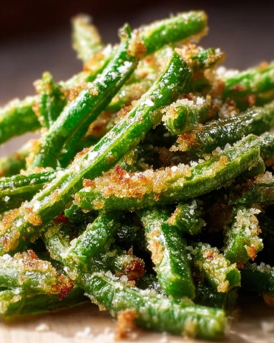 Crispy Garlic Parmesan Green Beans served in a dish, garnished with parmesan cheese.