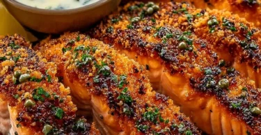Crispy salmon strips served with herb tartar dip on a plate