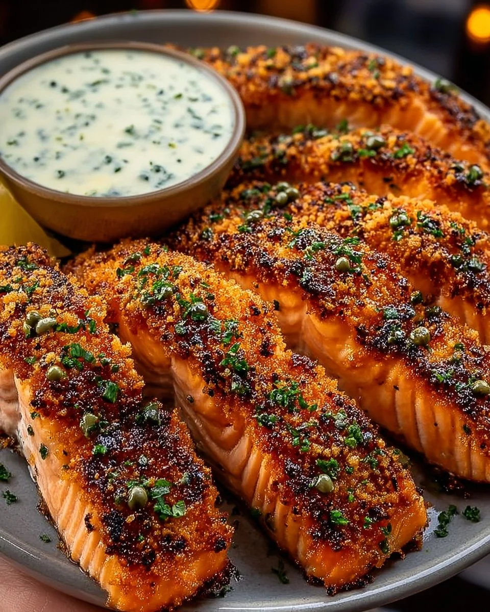 Crispy salmon strips served with herb tartar dip on a plate
