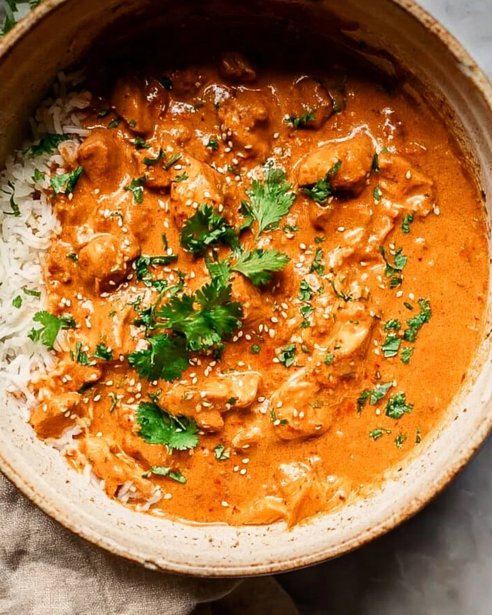 Delicious plate of Crockpot Butter Chicken garnished with fresh herbs