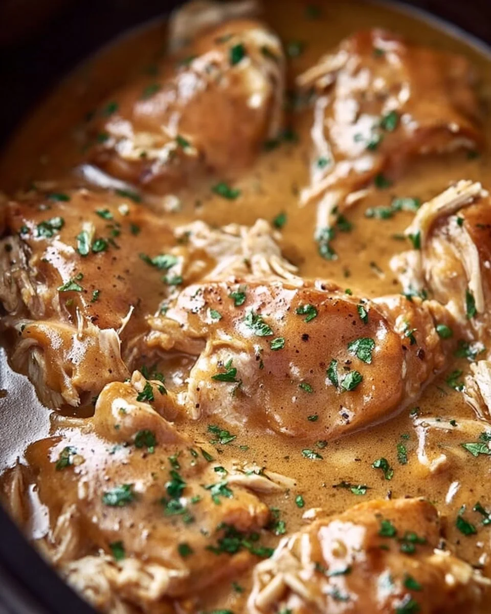 Crockpot chicken thighs in rich gravy served with vegetables