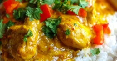 Delicious Crockpot Coconut Curry Chicken served with rice and garnished with cilantro.