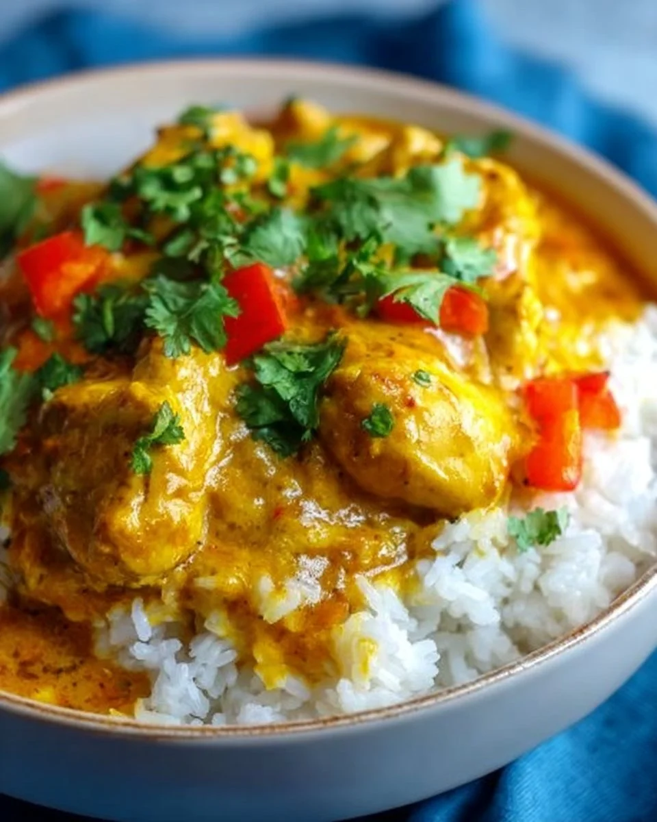 Delicious Crockpot Coconut Curry Chicken served with rice and garnished with cilantro.