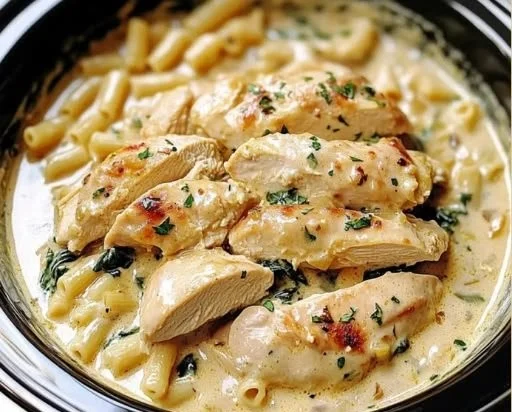 Crockpot Olive Garden Chicken served with creamy sauce and herbs.