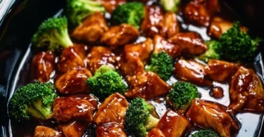 Slow-cooked teriyaki chicken in a crockpot with vibrant vegetables