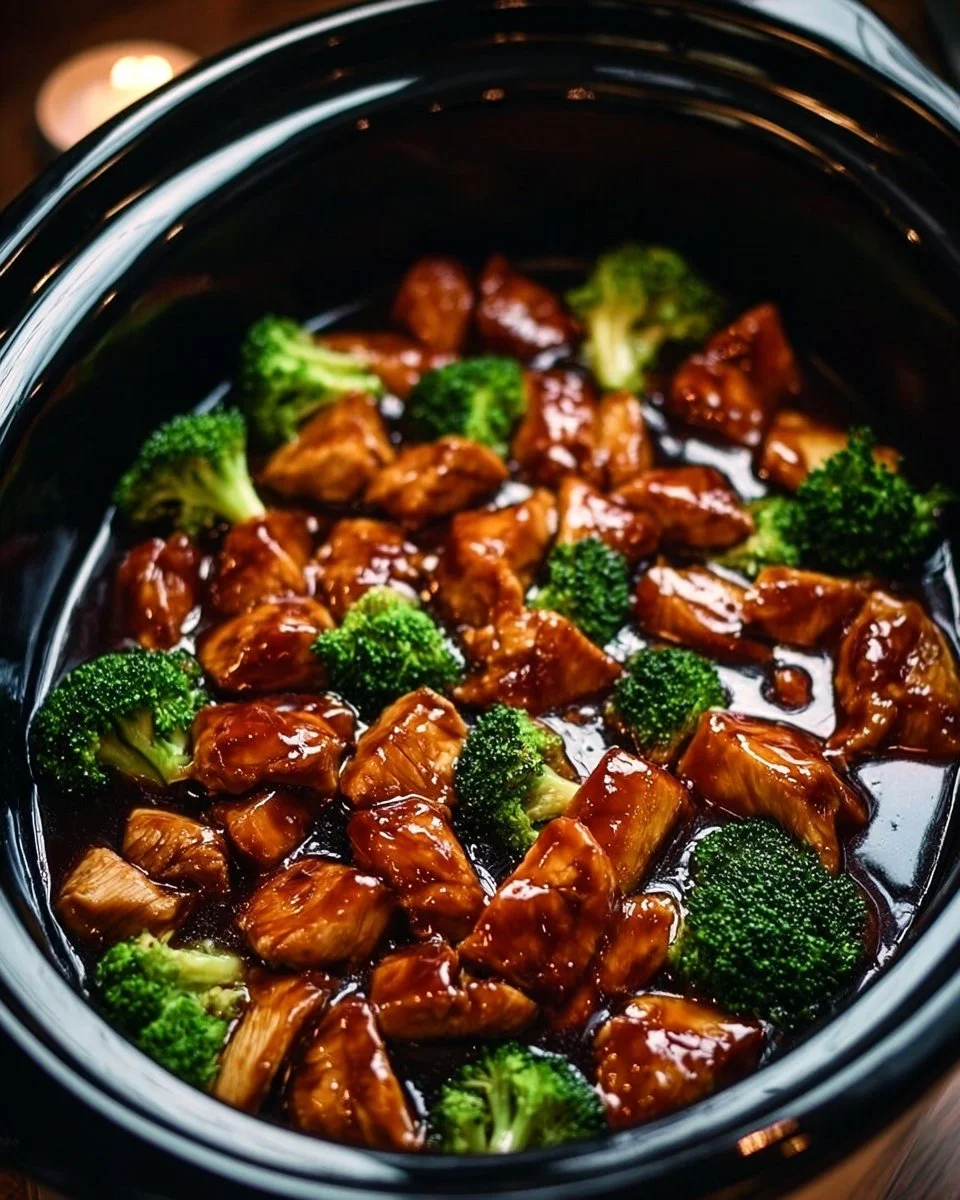 Slow-cooked teriyaki chicken in a crockpot with vibrant vegetables