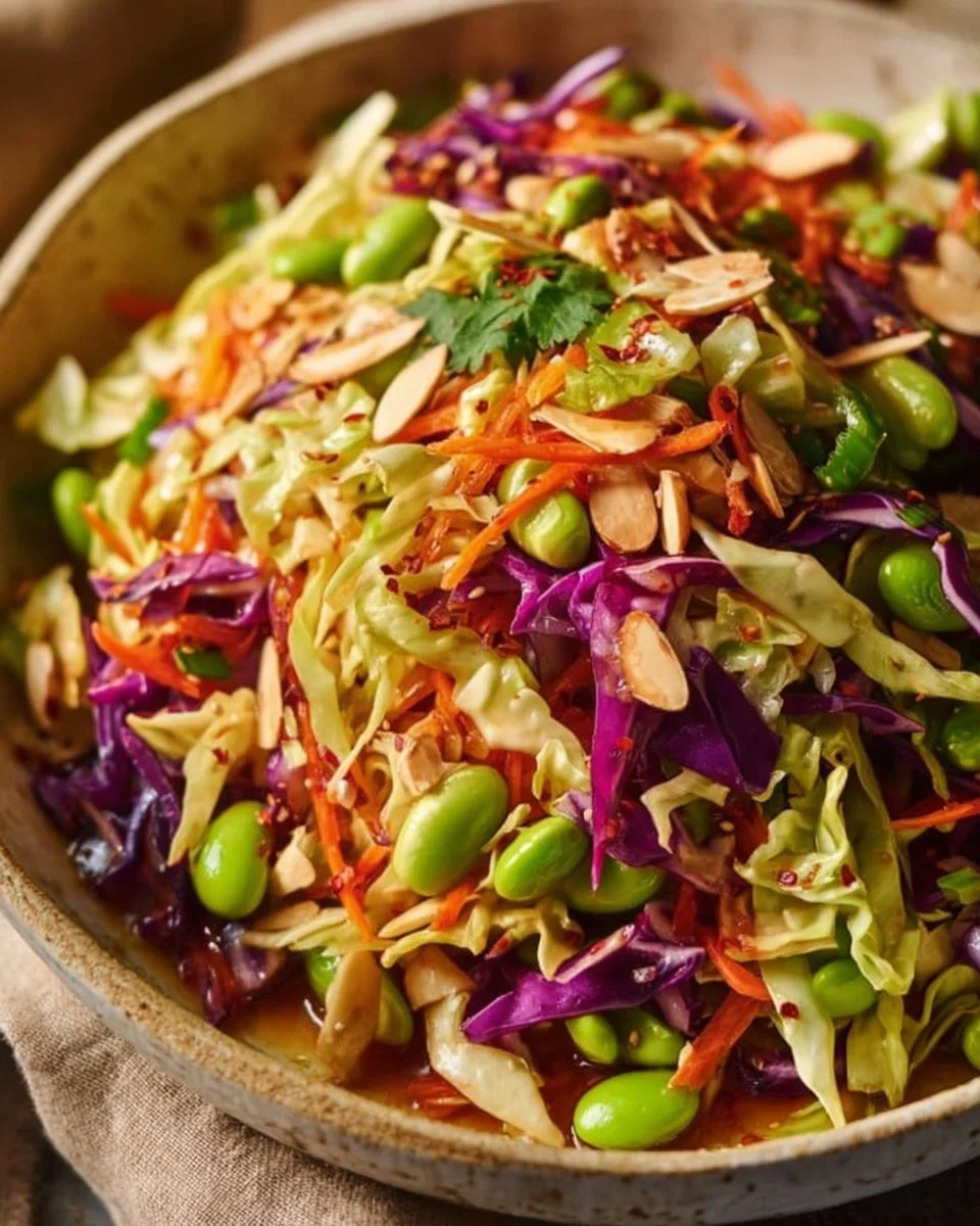 Crunchy Cabbage Salad with Edamame and Sesame Ginger Dressing