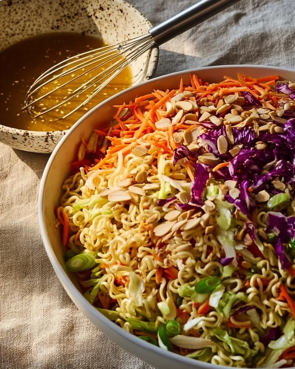 Crunchy ramen noodle salad with colorful vegetables and dressing