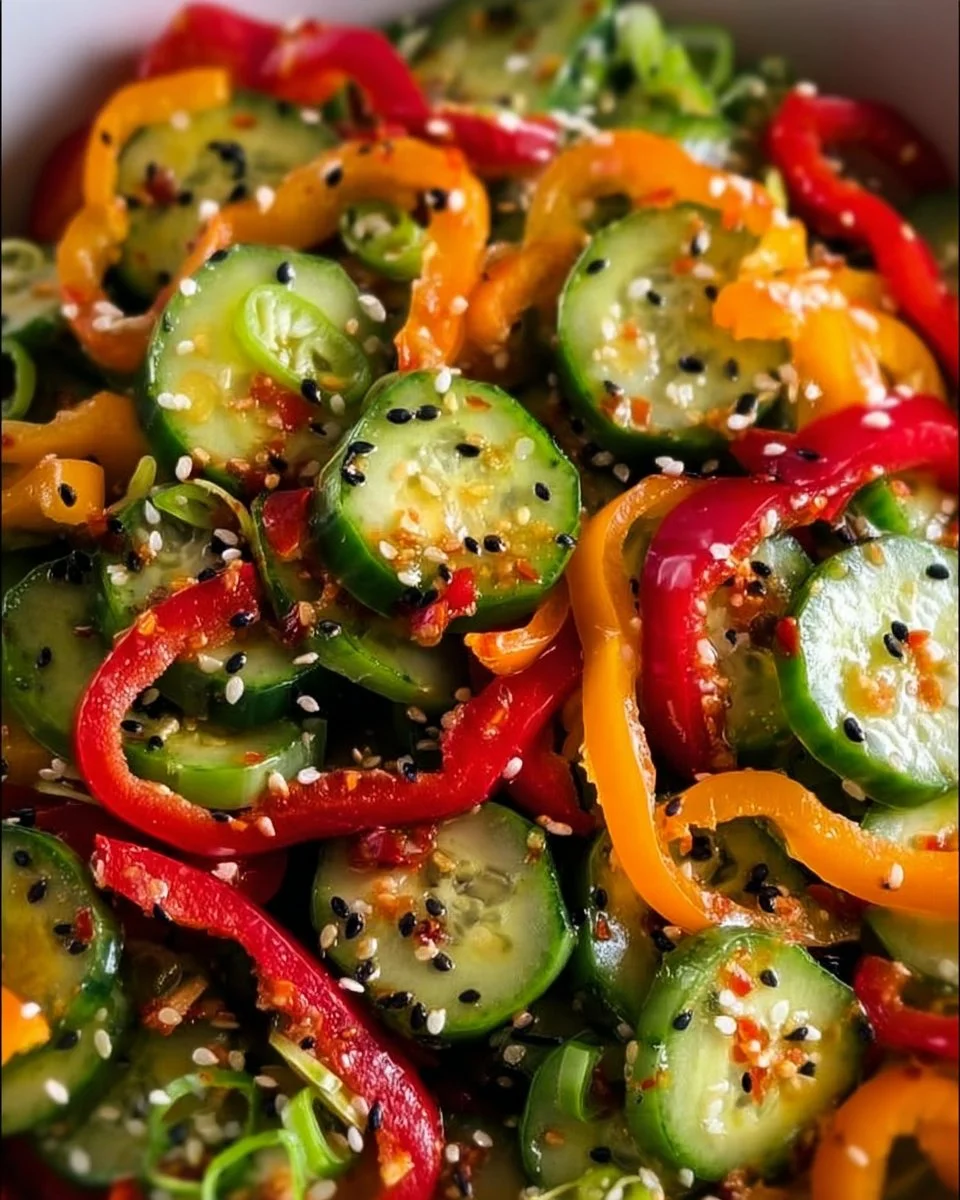 Colorful Cucumber Sweet Pepper Salad garnished with herbs.