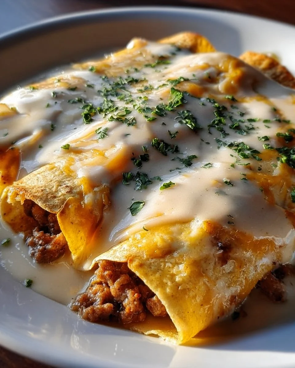 Delicious breakfast enchiladas topped with creamy sausage gravy ready to serve.