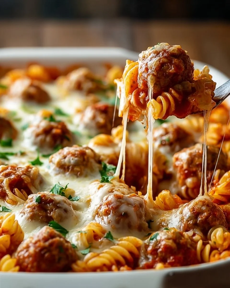 Delicious Dump and Bake Meatball Casserole topped with melted cheese
