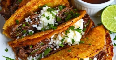 Delicious easy birria tacos served with consomme in a slow cooker.