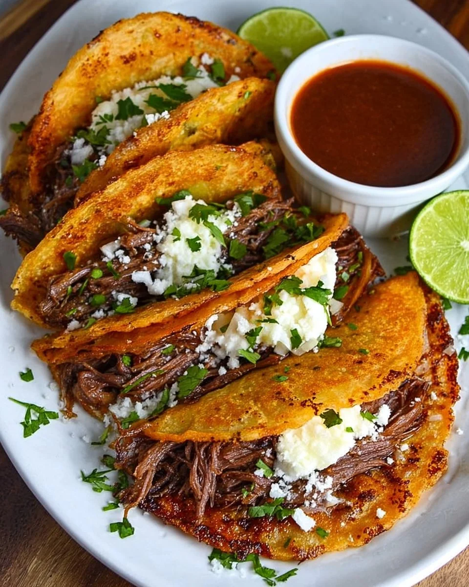 Delicious easy birria tacos served with consomme in a slow cooker.