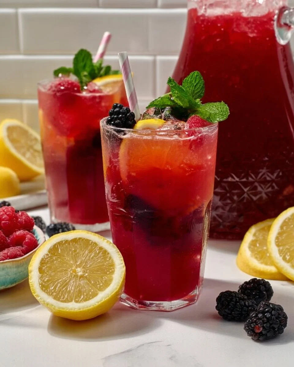 A refreshing glass of easy homemade triple berry lemonade with vibrant berries and lemon slices.