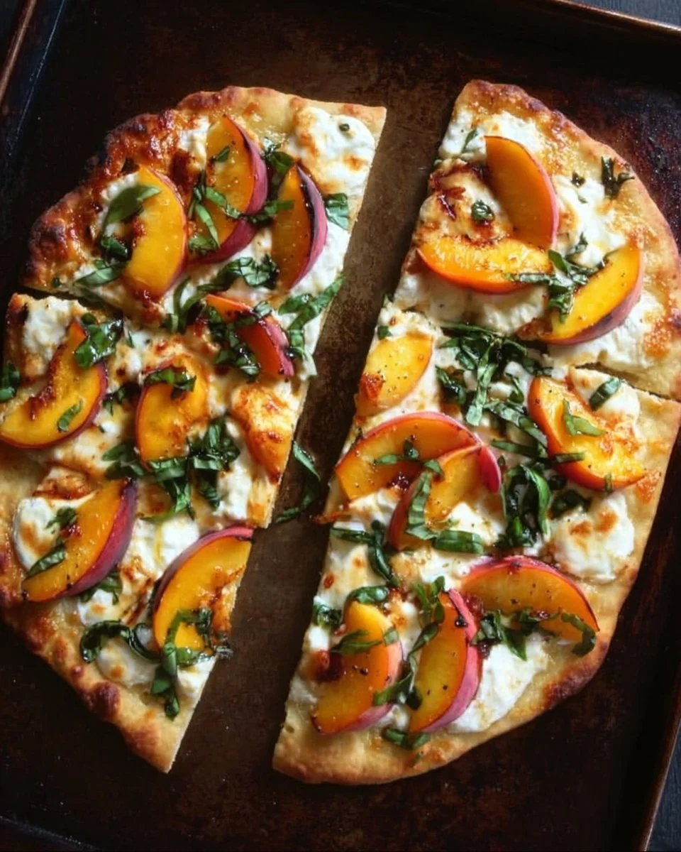 Peach Basil Naan Pizza topped with fresh ingredients for a tasty meal.