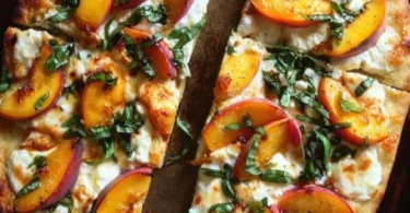 Delicious peach basil naan bread pizza topped with fresh ingredients.