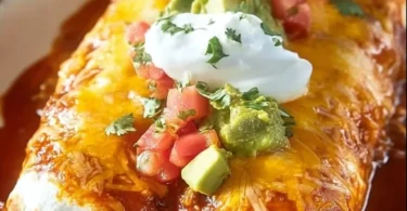 Delicious easy wet burritos topped with sauce and cheese