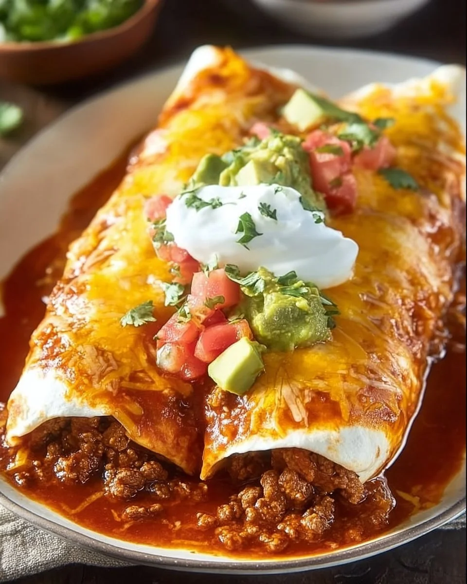 Delicious easy wet burritos topped with sauce and cheese