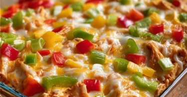 Delicious fajita chicken casserole with colorful peppers and cheese in a baking dish