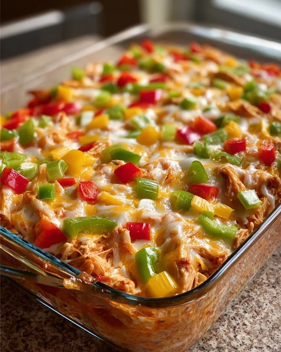 Delicious fajita chicken casserole with colorful peppers and cheese in a baking dish