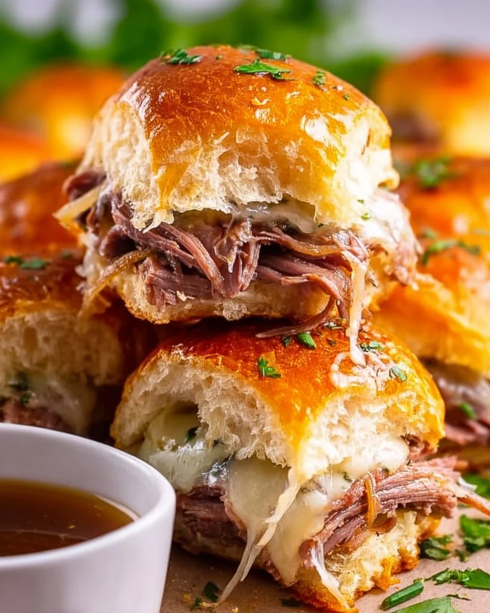 Delicious French Dip Sliders with tender beef served with au jus