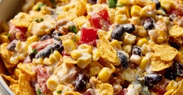 Delicious Frito corn salad served in a colorful bowl with fresh ingredients.