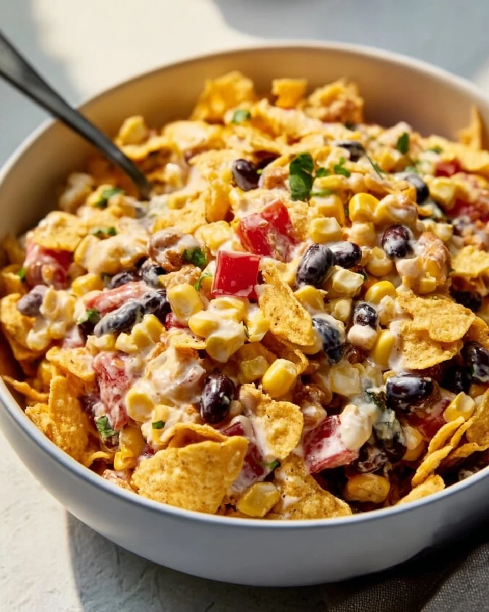 Delicious Frito corn salad served in a colorful bowl with fresh ingredients.