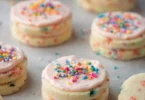 Funfetti shortbread sandwich cookies with frosting on a decorative plate.