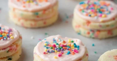 Funfetti shortbread sandwich cookies with frosting on a decorative plate.