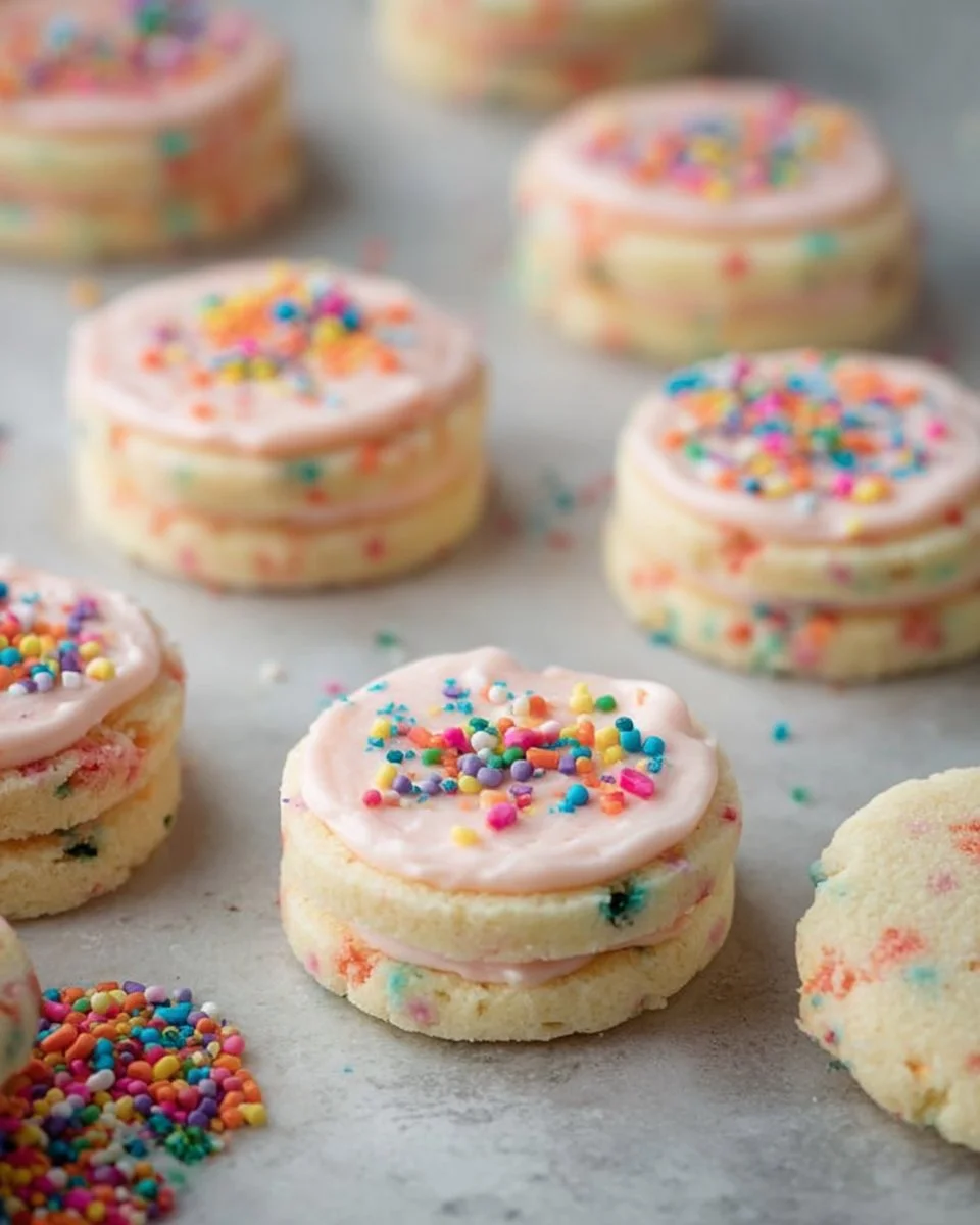Funfetti shortbread sandwich cookies with frosting on a decorative plate.