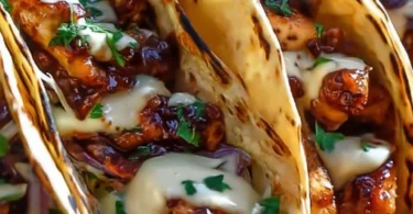 Delicious garlic butter honey BBQ chicken tacos topped with fresh ingredients