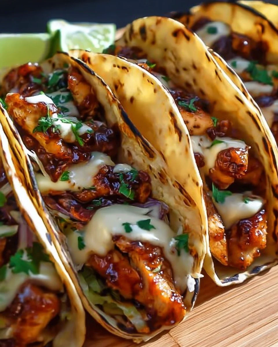 Delicious garlic butter honey BBQ chicken tacos topped with fresh ingredients