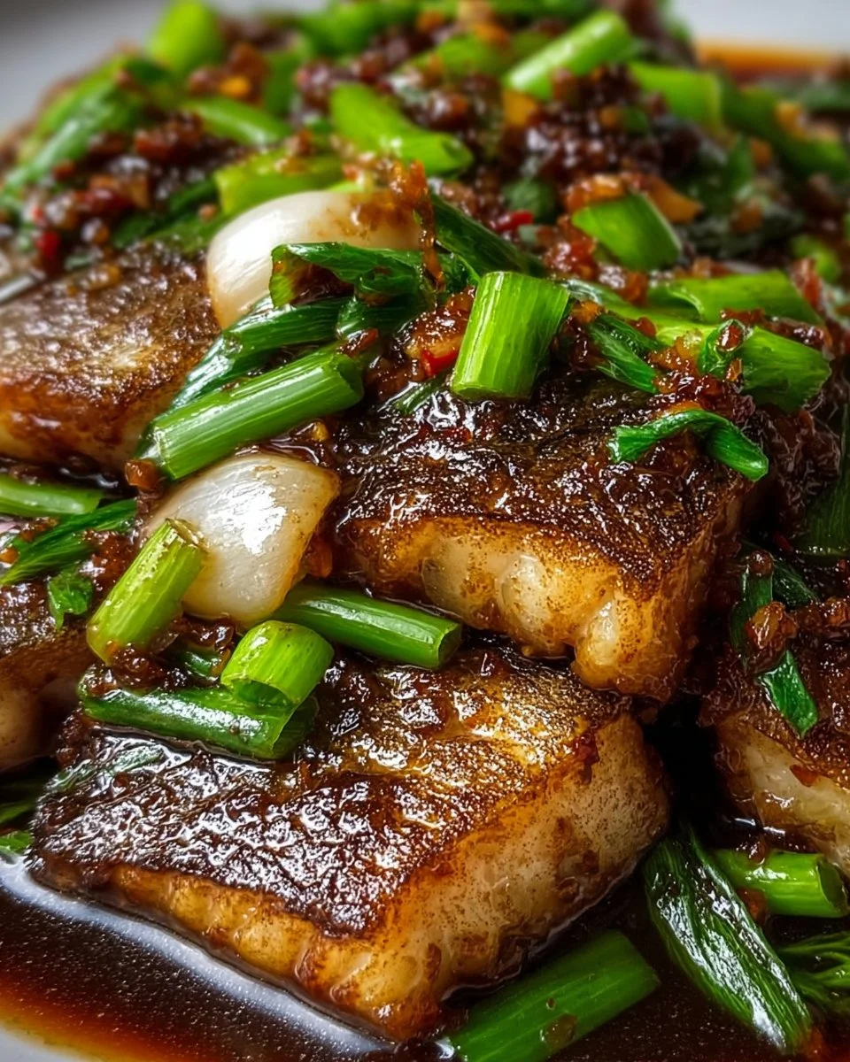 Ginger Onion Fried Sea Bass served with aromatic herbs and spices