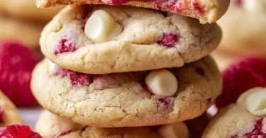 Gooey Raspberry White Chocolate Cookies with fresh raspberries and chocolate chunks.