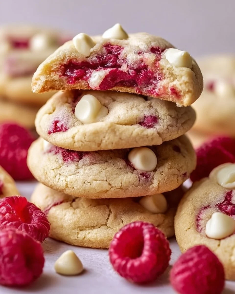 Gooey Raspberry White Chocolate Cookies with fresh raspberries and chocolate chunks.