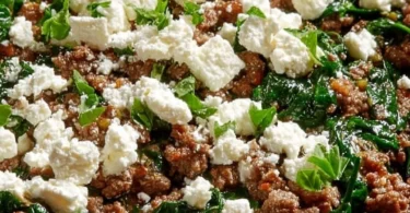 Ground beef and spinach skillet with feta, a healthy one-pan meal.