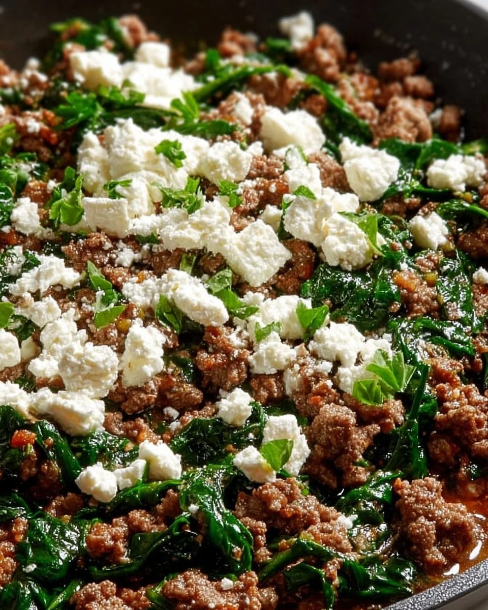 Ground beef and spinach skillet with feta, a healthy one-pan meal.