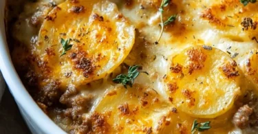 Delicious ground pork and potato casserole served in a dish
