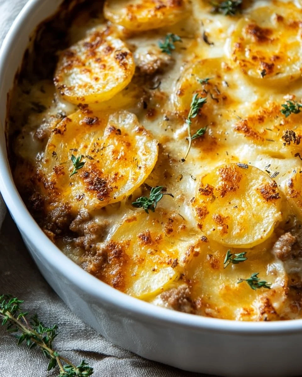 Delicious ground pork and potato casserole served in a dish