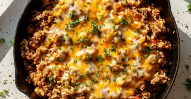 Ground sausage and rice skillet dish prepared in a skillet.