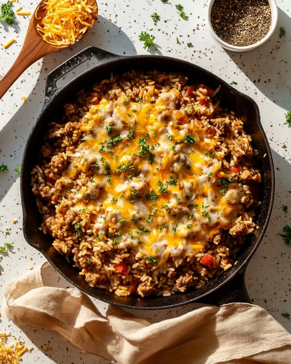 Ground sausage and rice skillet dish prepared in a skillet.