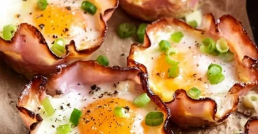 Delicious Ham and Cheese Egg Cups baked in muffin tins for a tasty breakfast.
