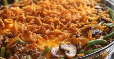 Delicious Hamburger Green Bean Casserole in a baking dish