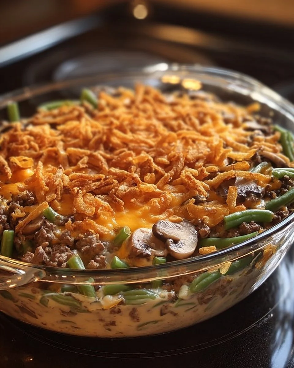 Delicious Hamburger Green Bean Casserole in a baking dish