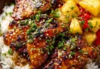 Delicious Hawaiian Chicken served with fluffy coconut rice on a tropical plate