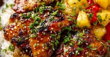 Delicious Hawaiian Chicken served with fluffy coconut rice on a tropical plate
