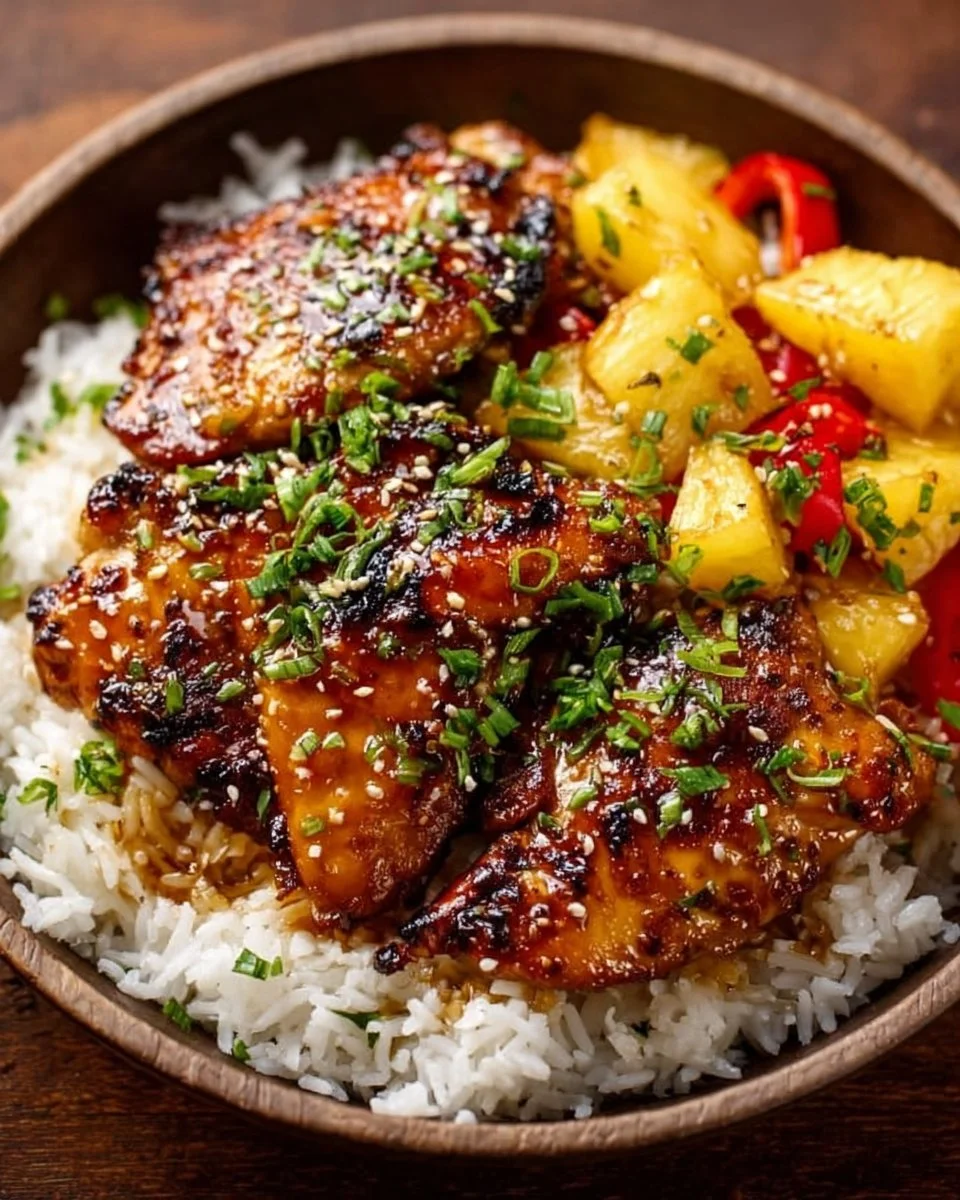 Delicious Hawaiian Chicken served with fluffy coconut rice on a tropical plate