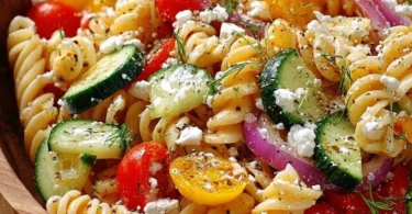 High Protein Greek Pasta Salad with colorful vegetables and feta cheese