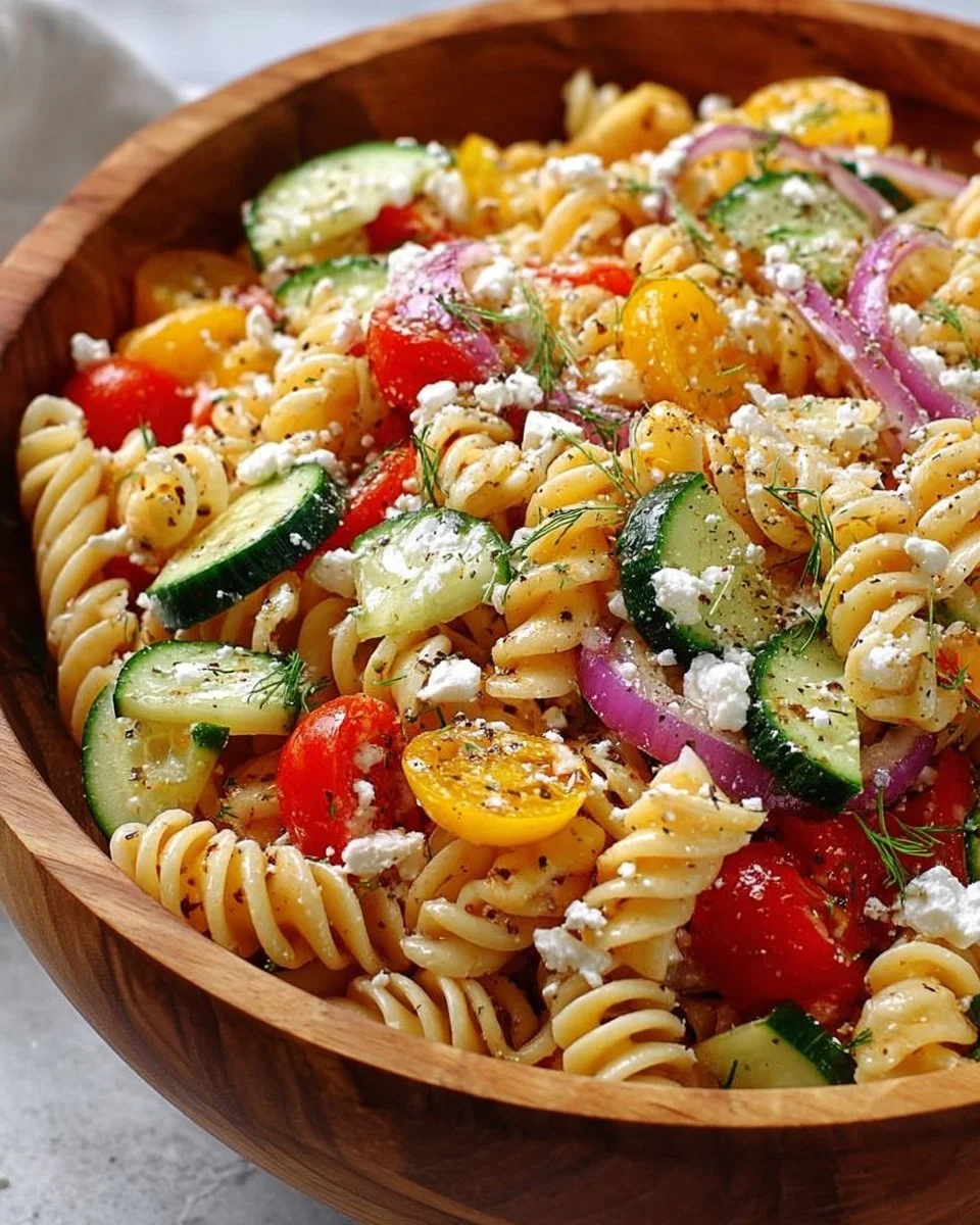 High Protein Greek Pasta Salad with colorful vegetables and feta cheese